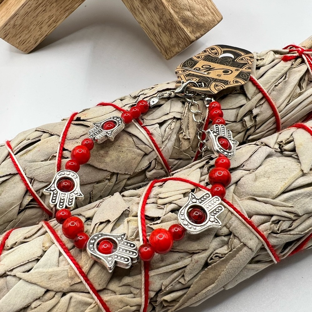 Silver Alloy Beaded Hand‎ of Hamsa Bracelet NEW